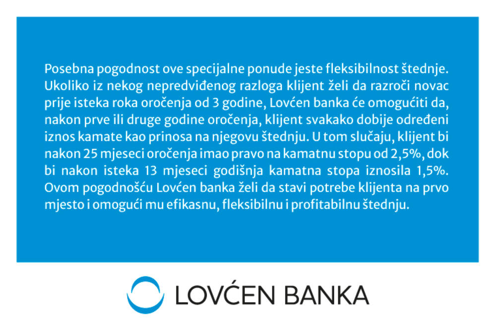 <p>Lovćen banka AD povećala kamatnu stopu u mjesecu štednje</p>