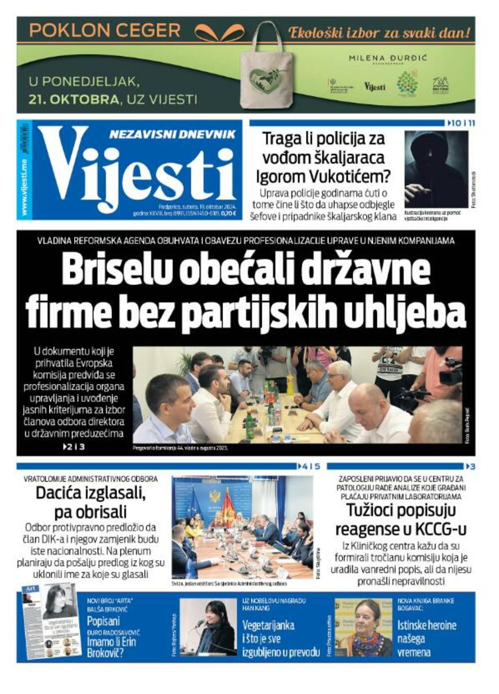 Naslovna strana "Vijesti" za 19. oktobar 2024., Foto: Vijesti