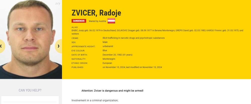 <p>"Radoje Zvicer je osumnjičen za uvoz 83 kilograma kokaina (čistoće 60,9%) iz drugih zemalja u Austriju i to kao vodeći član kriminalne organizacije. Sumnja se da je, zajedno sa saučesnicima, učestvovao u organizovanju krijumčarskog lanca. Ova osoba je organizovala isporuku narkotika koja je prodavana u Beču", navodi se u opisu potjernice</p>