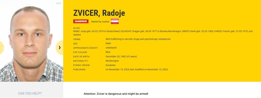 <p>"Radoje Zvicer je osumnjičen za uvoz 83 kilograma kokaina (čistoće 60,9%) iz drugih zemalja u Austriju i to kao vodeći član kriminalne organizacije. Sumnja se da je, zajedno sa saučesnicima, učestvovao u organizovanju krijumčarskog lanca. Ova osoba je organizovala isporuku narkotika koja je prodavana u Beču", navodi se u opisu potjernice</p>