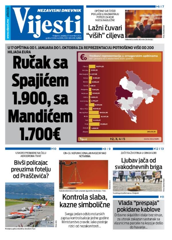 Naslovna strana "Vijesti" za 17. novembar 2024.