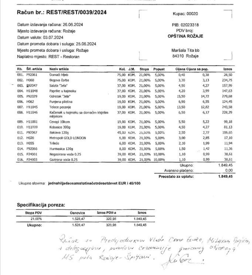 Faksimil računa iz Rožaja za ručak sa premijerom Spajićem