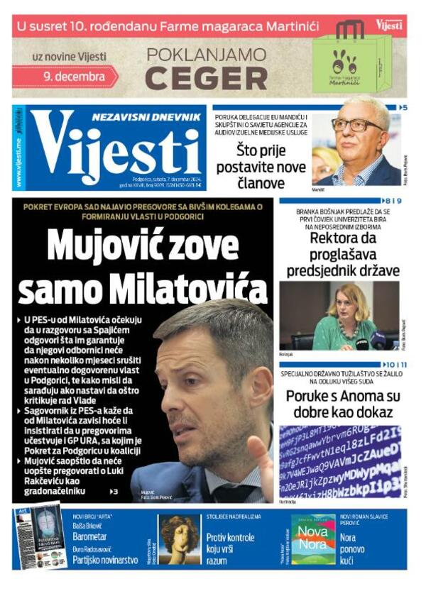 Naslovna strana "Vijesti" za 7. decembar 2024.